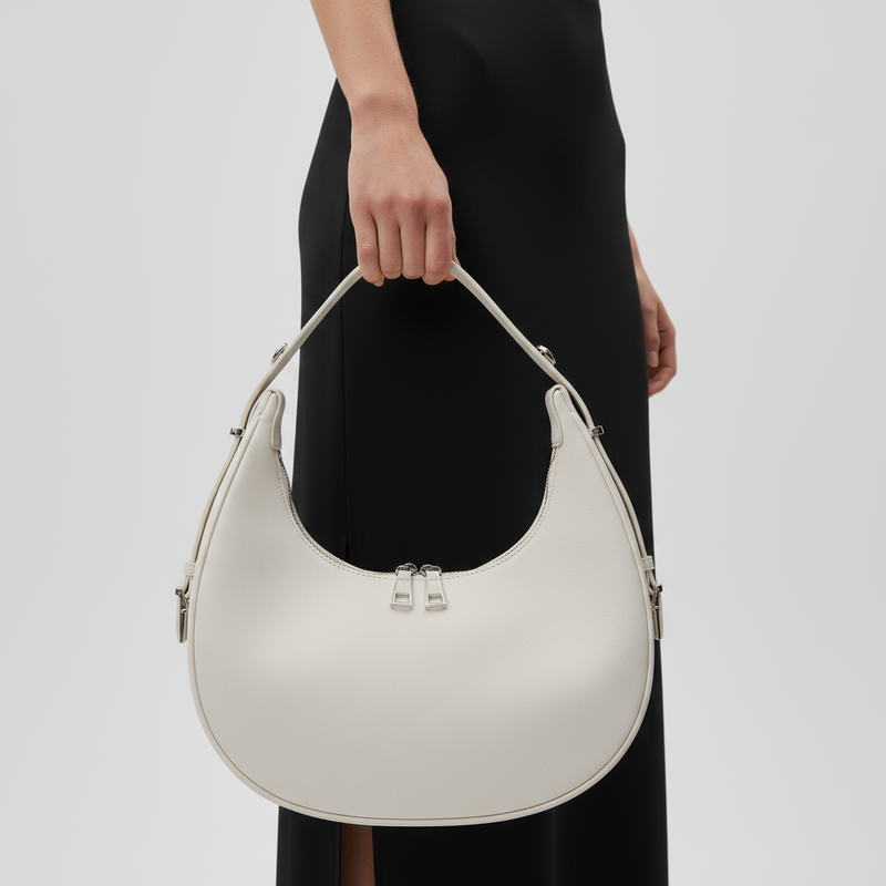 Crescent Leather Handbag in Off White